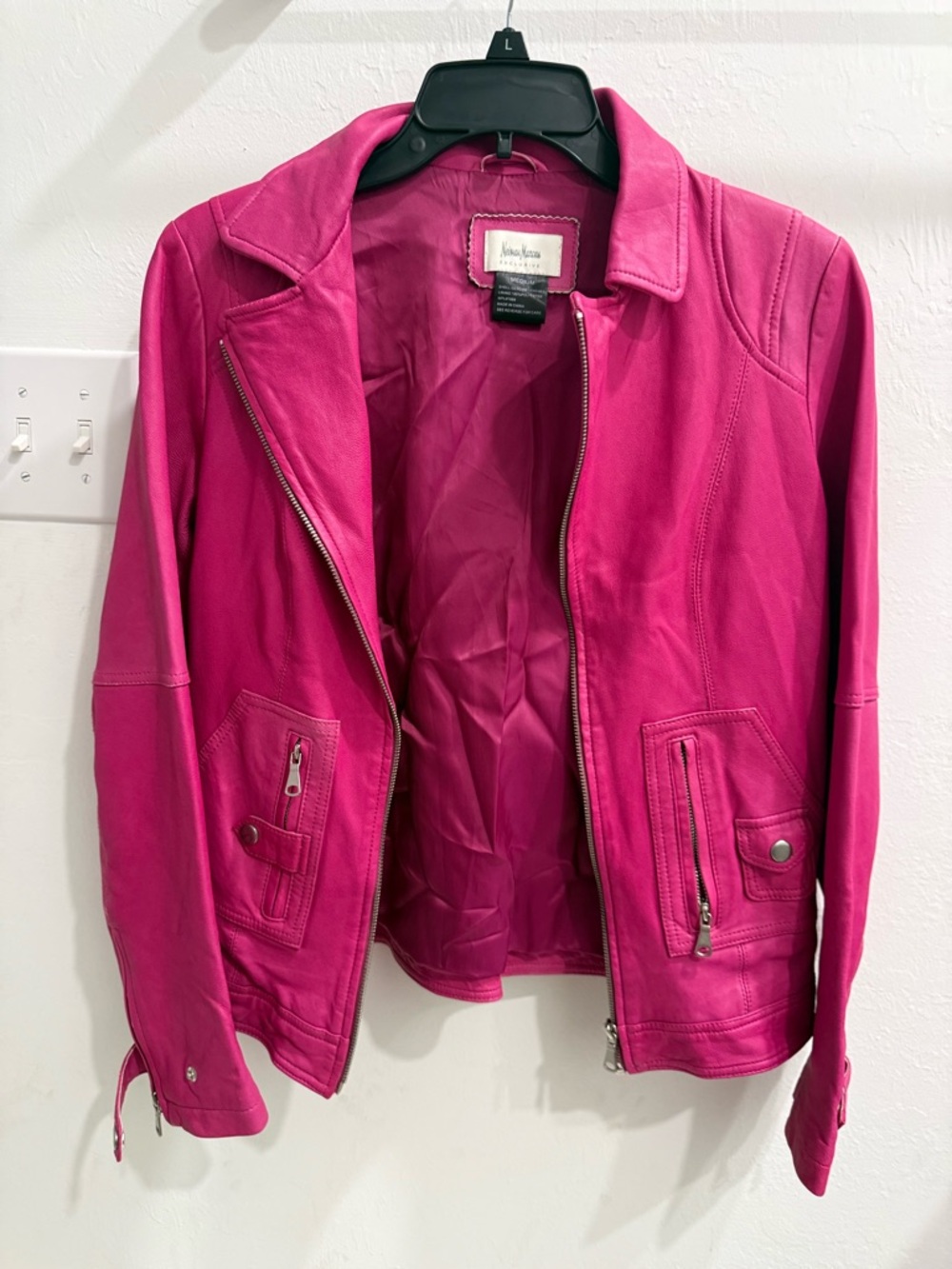 Neiman Marcus Vibrant Pink Leather Moto Jacket
